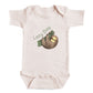A baby onesie with a sloth graphic and the text "Lazy Day" printed on it.