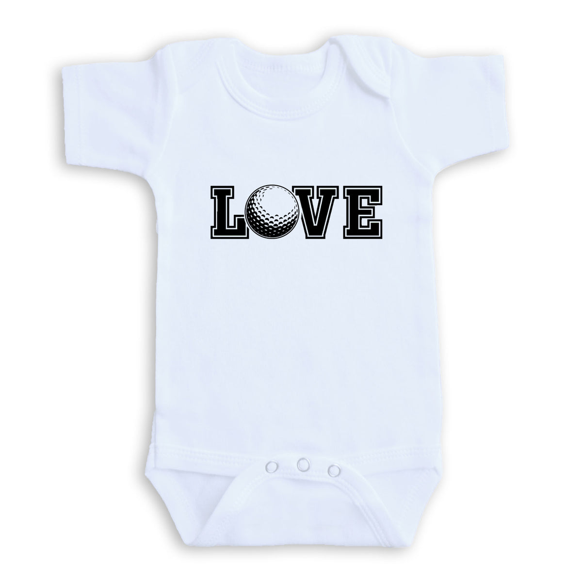 A white baby onesie with the word "LOVE" printed on it.