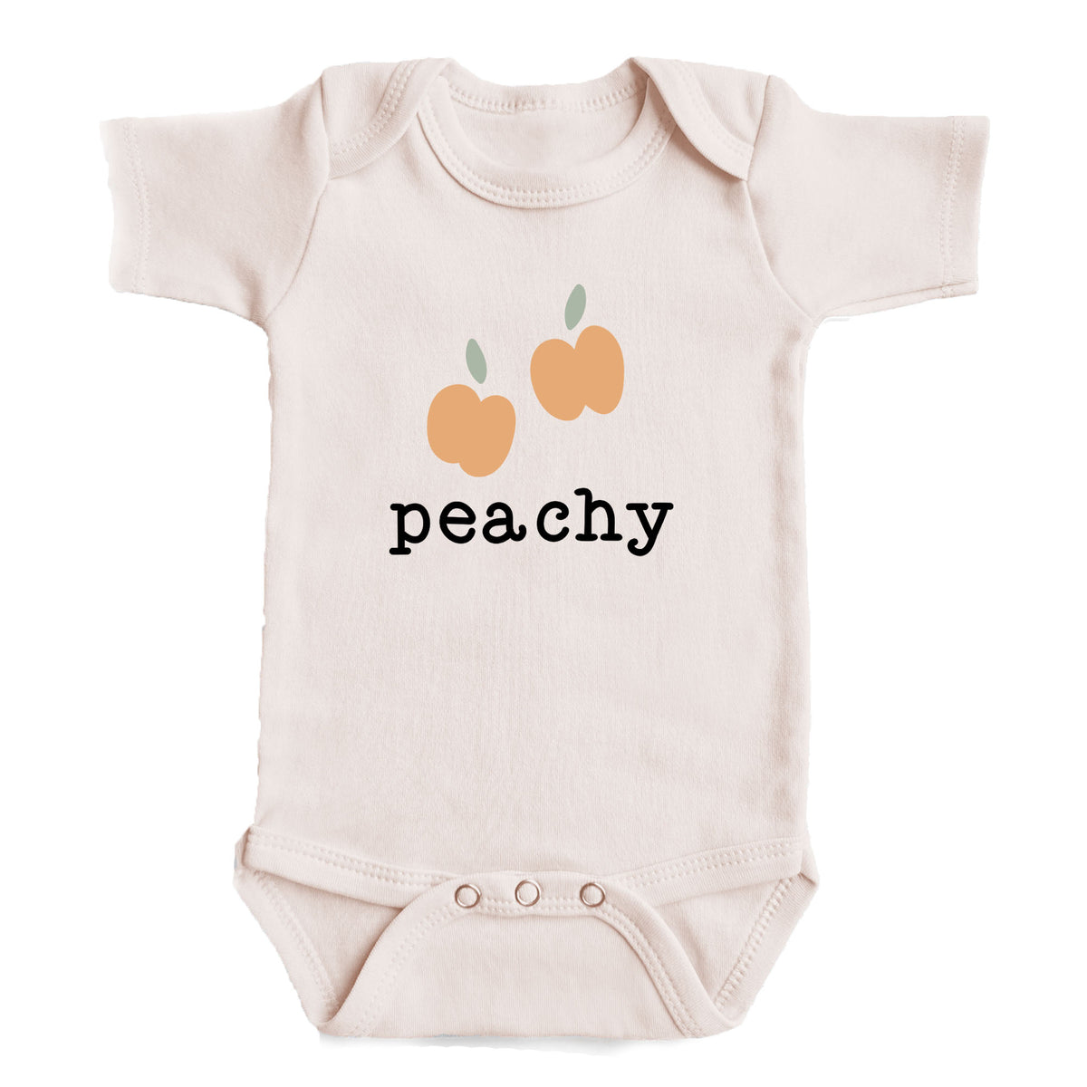 A baby onesie with a peach design and the word "peachy" printed on it.