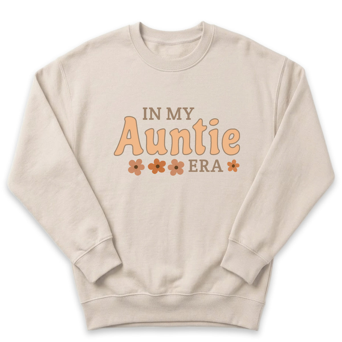 A beige sweatshirt with the text "IN MY AUNTIE ERA" printed on it.