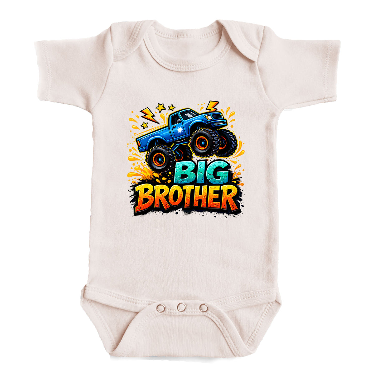 A white baby onesie with a graphic design featuring a blue monster truck and the text "BIG BROTHER" printed on it.