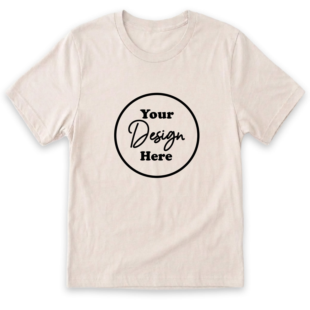 A plain white t-shirt with a black circular logo that reads "Your Design Here".