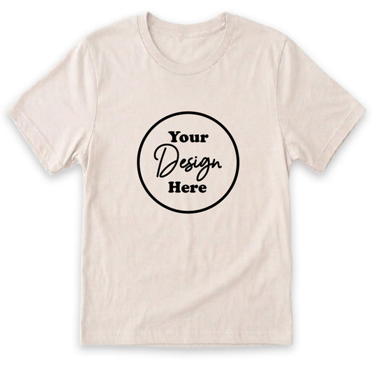 A plain white t-shirt with a black circular logo that reads "Your Design Here".