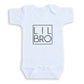 A white baby onesie with the text "LIL BRO" printed on it.