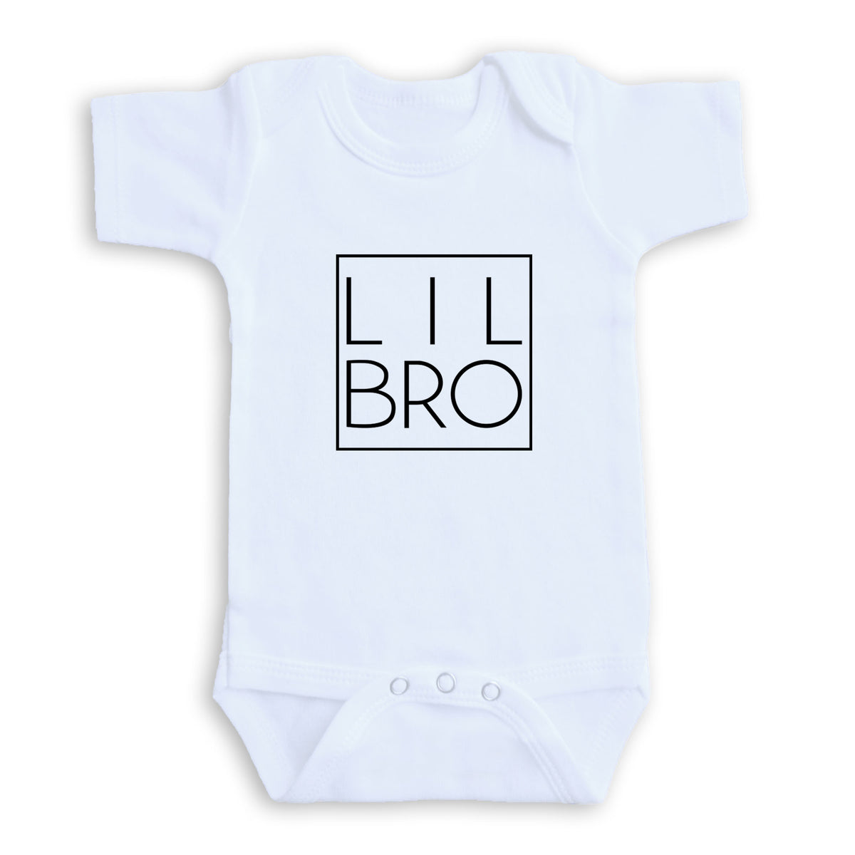 A white baby onesie with the text "LIL BRO" printed on it.