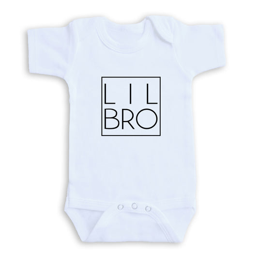 A white baby onesie with the text "LIL BRO" printed on it.