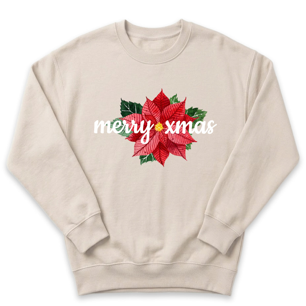 A beige sweater with a red poinsettia flower and the text "merry xmas" printed on it.