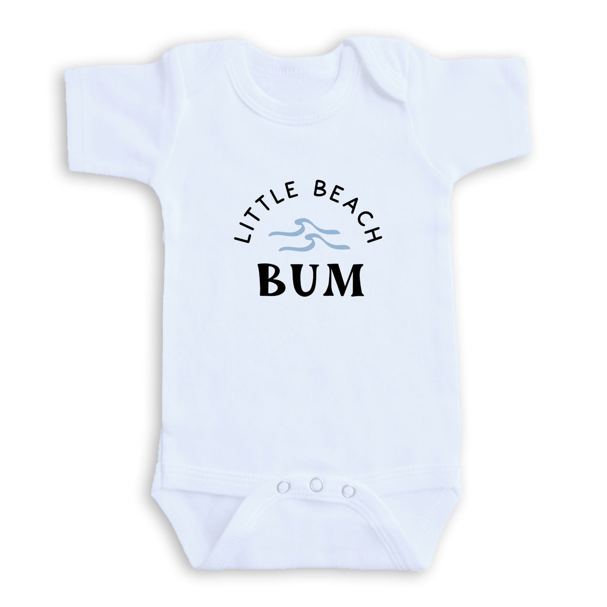 A white baby onesie with the text "LITTLE BEACH BUM" printed on it.