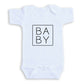 A white baby onesie with the word "BABY" printed in a square on the front.