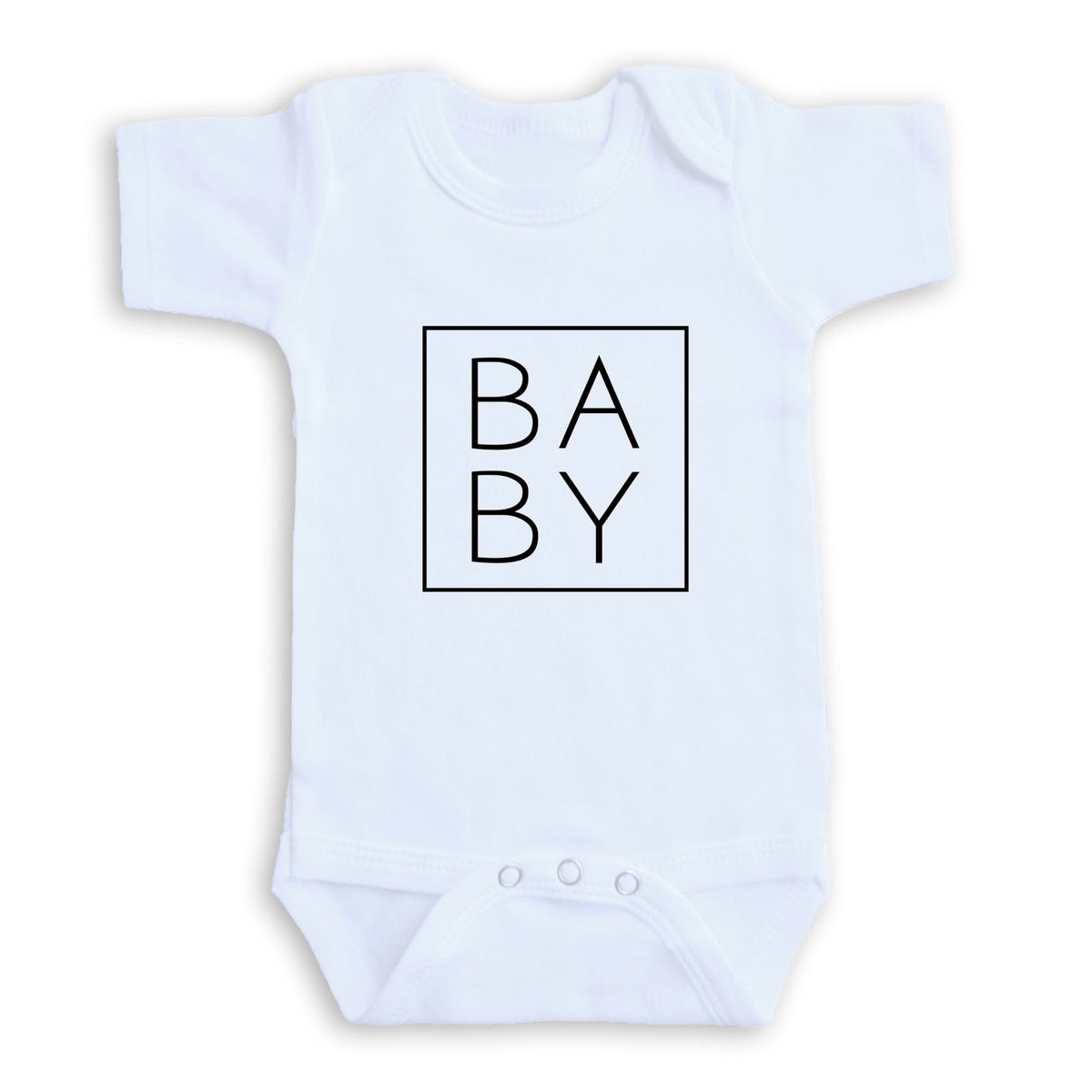 A white baby onesie with the word "BABY" printed in a square on the front.