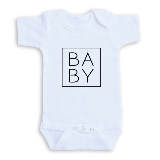 A white baby onesie with the word "BABY" printed in a square on the front.