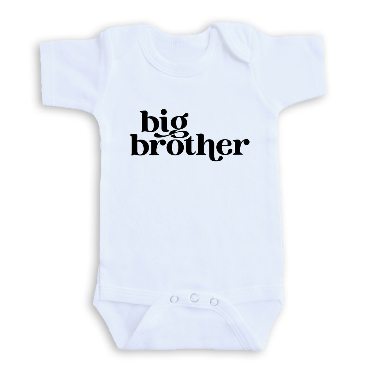 A white baby onesie with the text "big brother" printed on it.