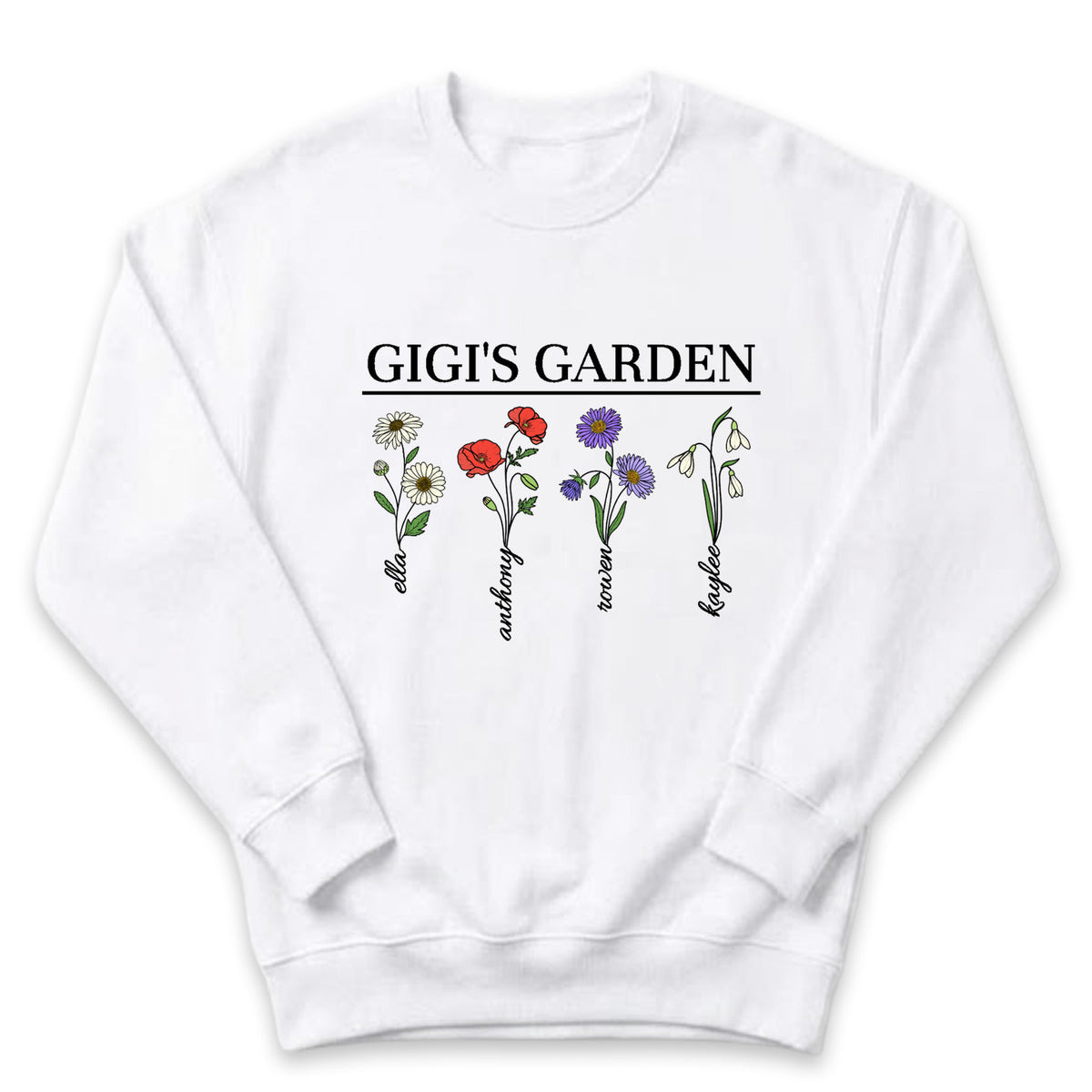 A white sweatshirt with a graphic design featuring four different flower illustrations and the text "GIGI'S GARDEN" printed on it.