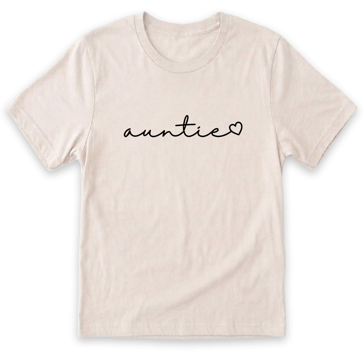 A beige t-shirt with the word "auntie" written in cursive font.