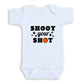 A white baby onesie with the text "SHOOT YOUR SHOT" printed on it.