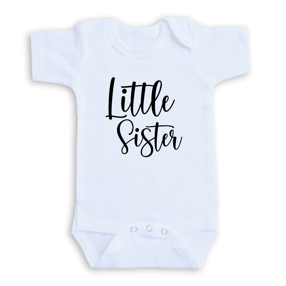 A white baby onesie with the text "Little Sister" printed on it.