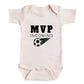 A baby onesie with the text "MVP INCOMING" printed on it, along with a soccer ball graphic.
