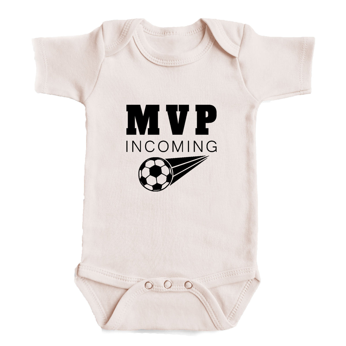 A baby onesie with the text "MVP INCOMING" printed on it, along with a soccer ball graphic.