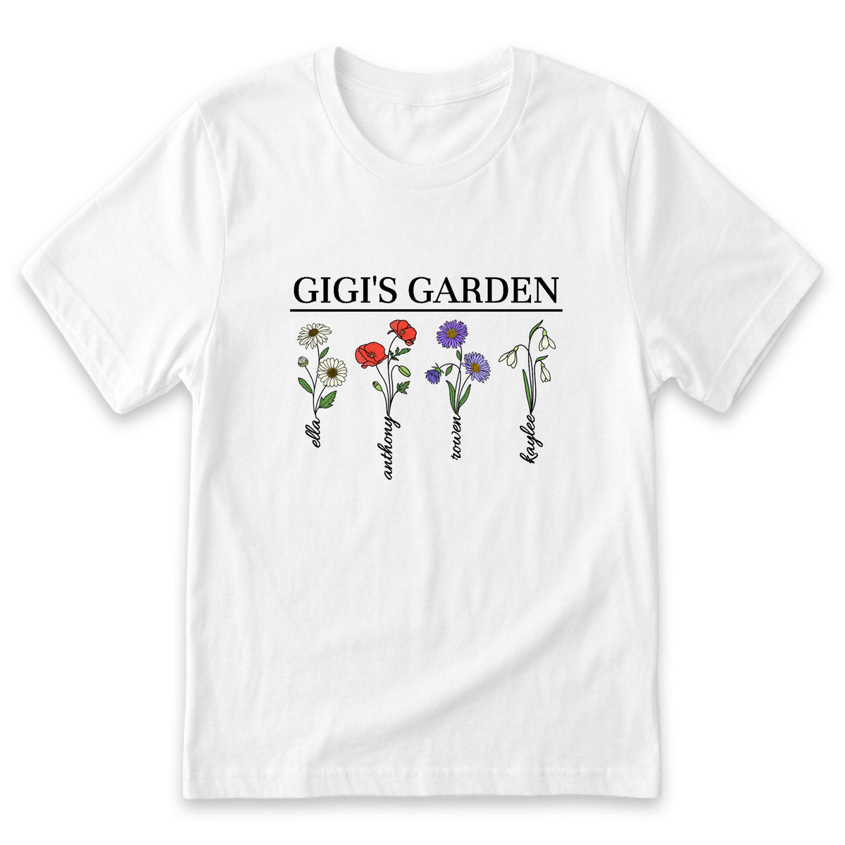 A white t-shirt with a graphic design featuring four different flowers, each with a unique color and style, along with the text "GIGI'S GARDEN".