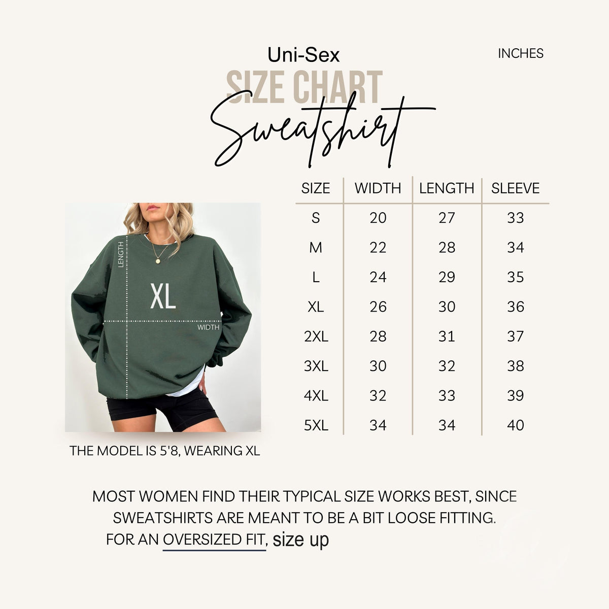 The image is a size chart for a sweatshirt, providing measurements for different sizes and corresponding sleeve lengths.