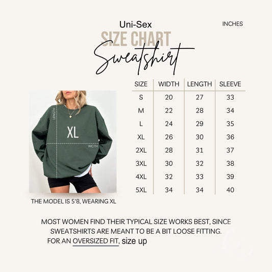 The image is a size chart for a sweatshirt, providing measurements for different sizes and corresponding sleeve lengths.