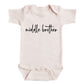 A baby onesie with the text "middle brother" printed on it.