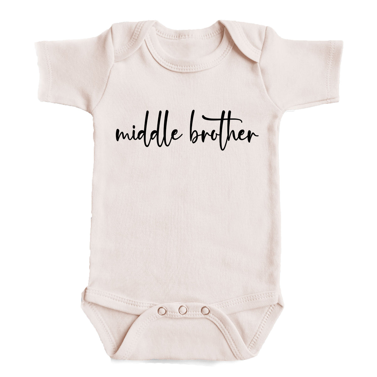 A baby onesie with the text "middle brother" printed on it.