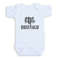 A white baby onesie with the text "Little Brother" printed on it.