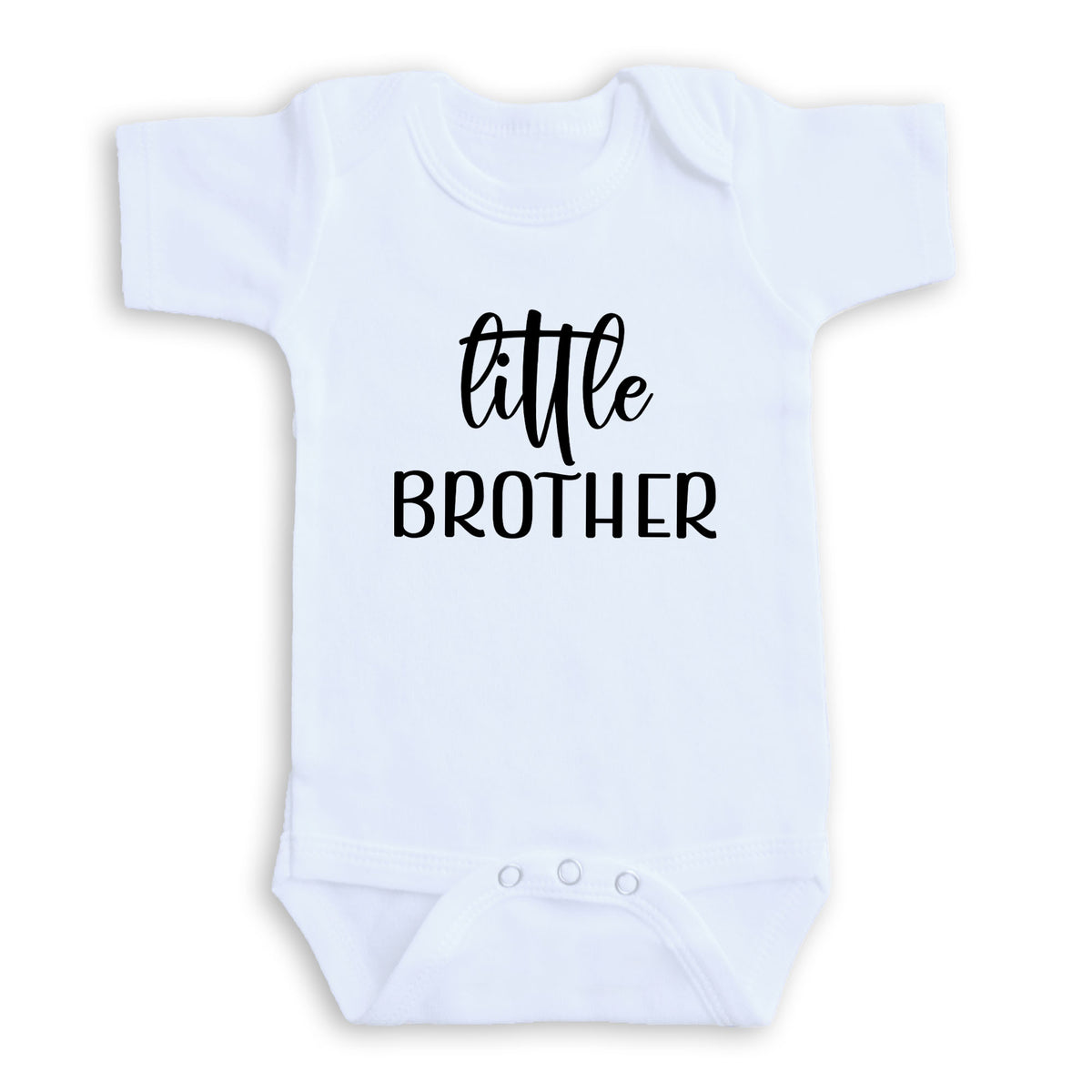 A white baby onesie with the text "Little Brother" printed on it.
