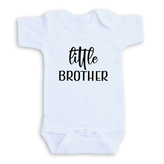 A white baby onesie with the text "Little Brother" printed on it.