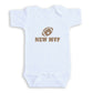 A white baby onesie with the text "NEW MVP" printed on it.