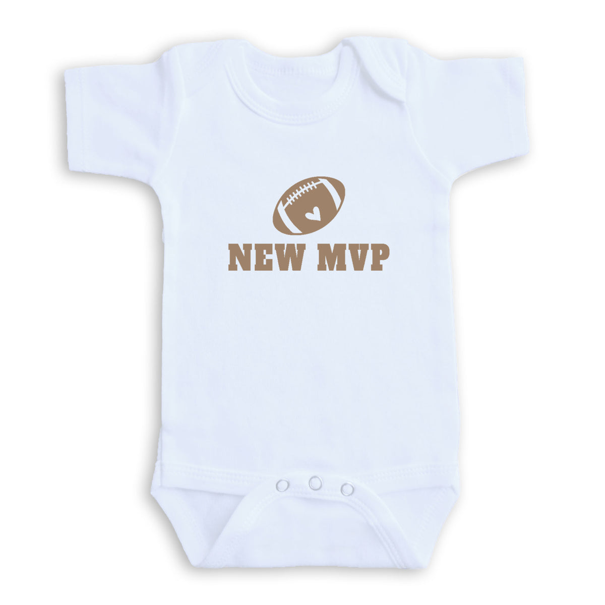 A white baby onesie with the text "NEW MVP" printed on it.