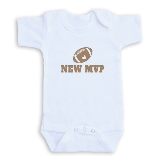 A white baby onesie with the text "NEW MVP" printed on it.