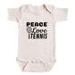 A baby onesie with the text "PEACE LOVE TENNIS" printed on it.