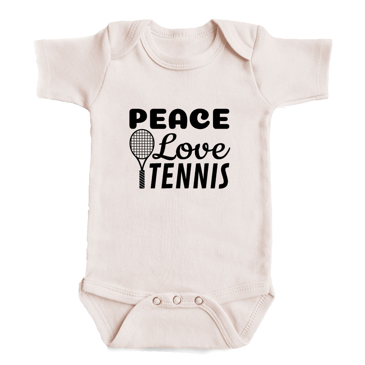 A baby onesie with the text "PEACE LOVE TENNIS" printed on it.