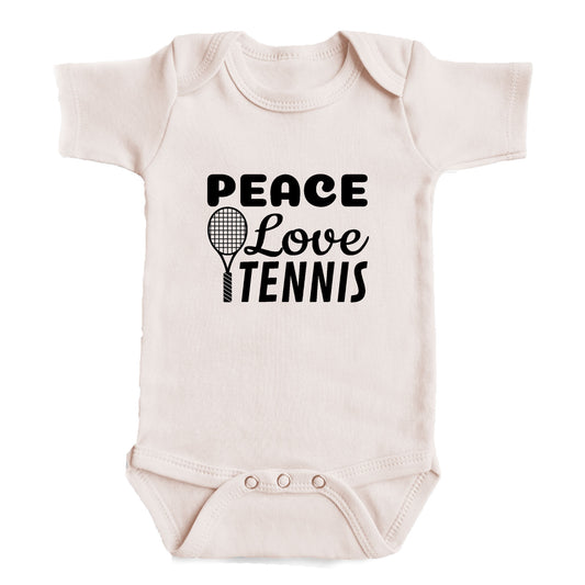 A baby onesie with the text "PEACE LOVE TENNIS" printed on it.