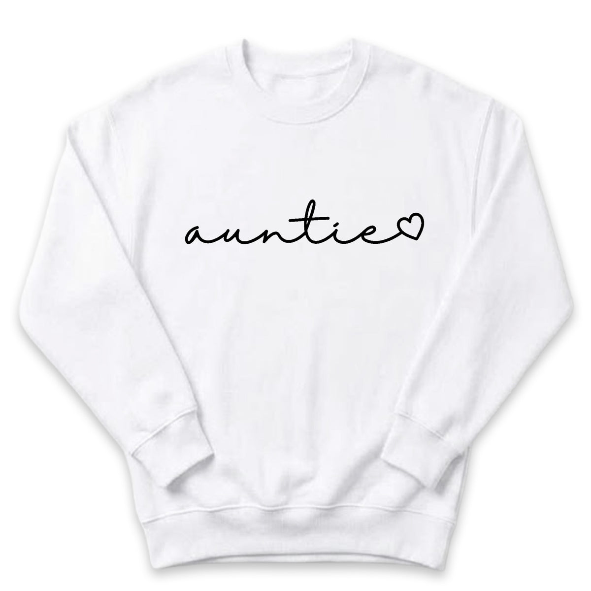 A white sweatshirt with the word "auntie" written in a cursive font.