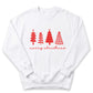 A white sweatshirt with a graphic design featuring four stylized Christmas trees in red and white colors, along with the text "merry christmas" written in red cursive below the trees.