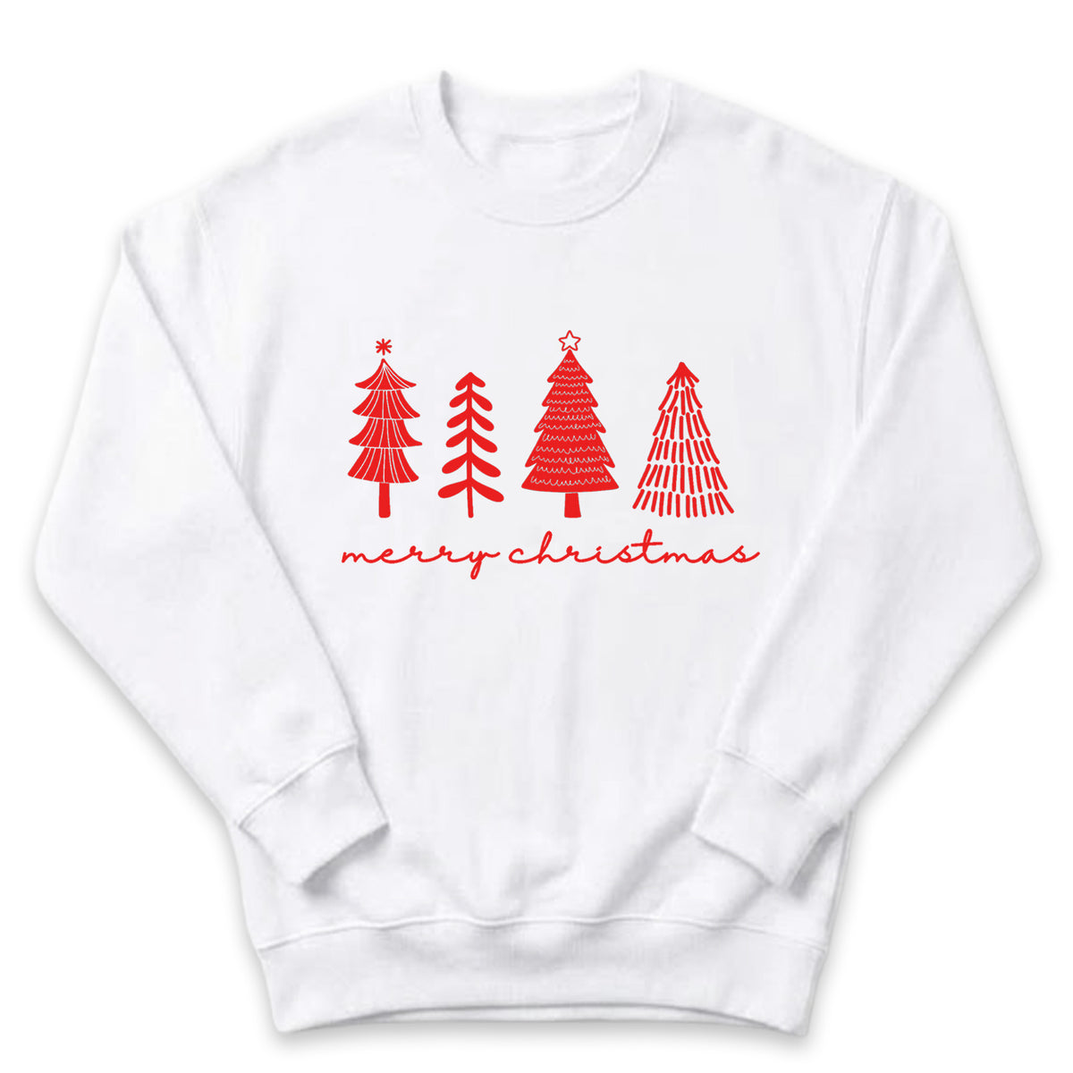 A white sweatshirt with a graphic design featuring four stylized Christmas trees in red and white colors, along with the text "merry christmas" written in red cursive below the trees.