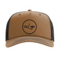 A brown baseball cap with a black mesh panel on the side.