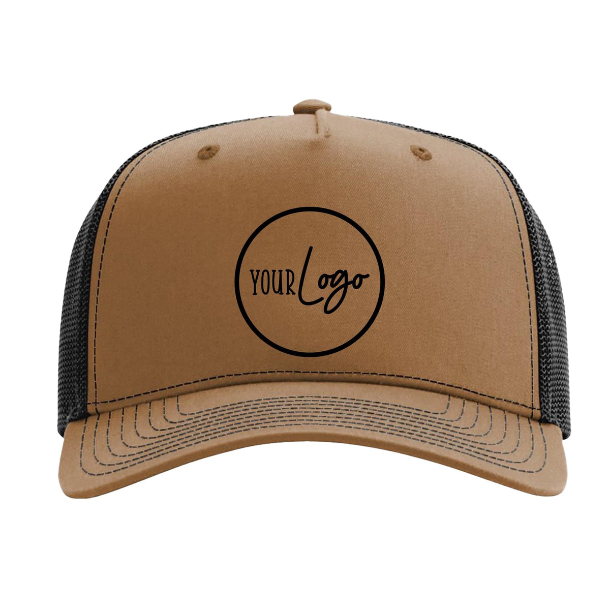 A brown baseball cap with a black mesh panel on the side.