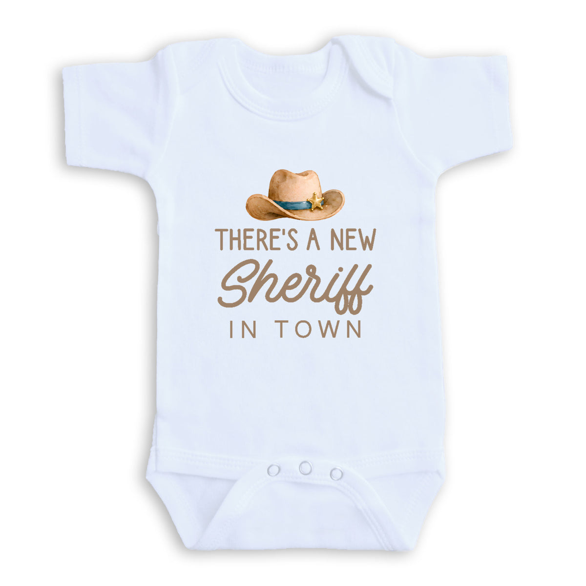 A white baby onesie with a cowboy hat and text printed on it.
