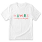 A white t-shirt with a graphic design featuring Christmas trees, bows, and the text "merry and bright" written in red cursive font.