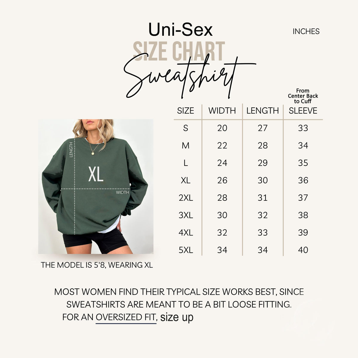 The image is a size chart for a sweatshirt, showing the measurements for different sizes.
