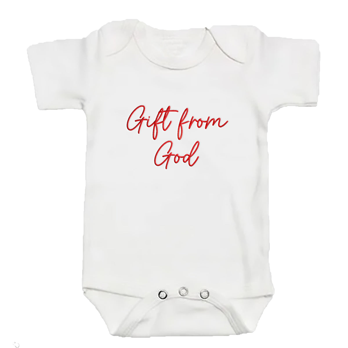 A white colored baby bodysuit with "gift from god" embroidered on the front in red thread