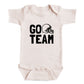 A baby onesie with the text "GO TEAM" printed on it.