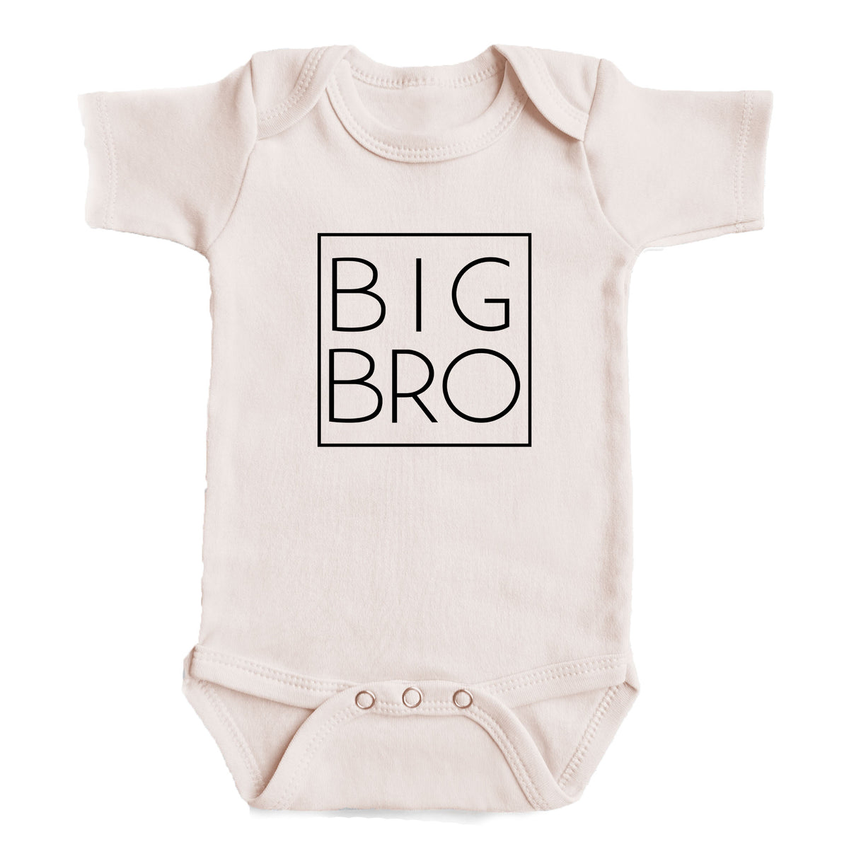 A baby onesie with the text "BIG BRO" printed on it.
