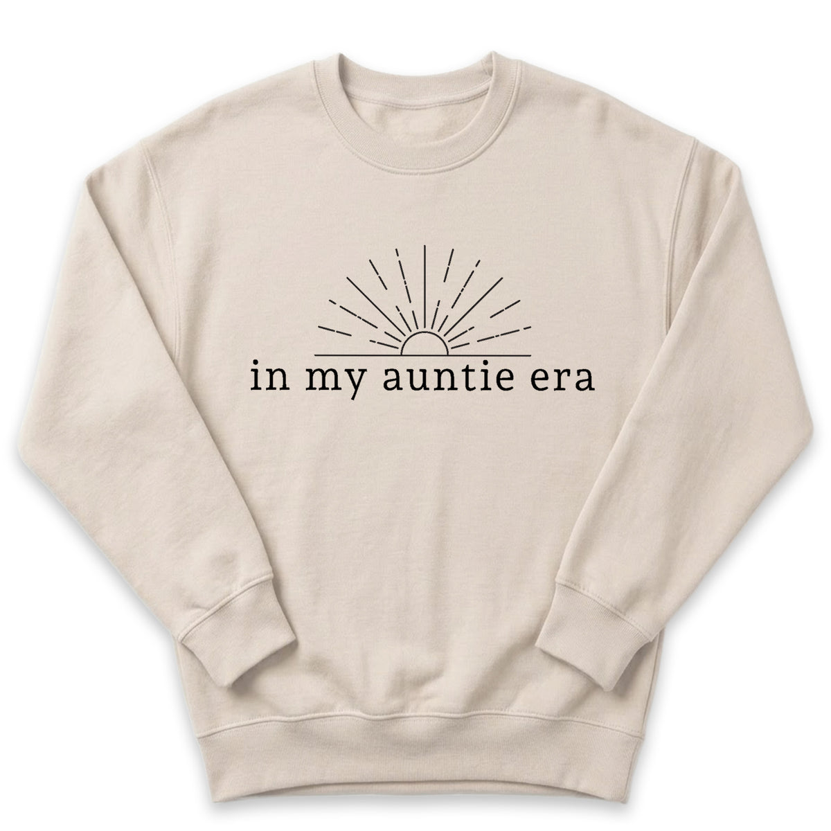 A beige sweatshirt with a graphic design and text printed on it.