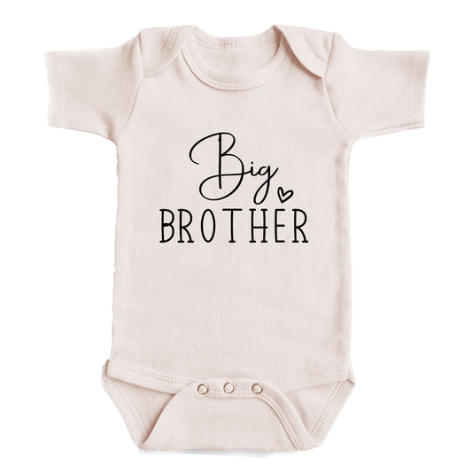 A baby onesie with the text "Big Brother" printed on it.