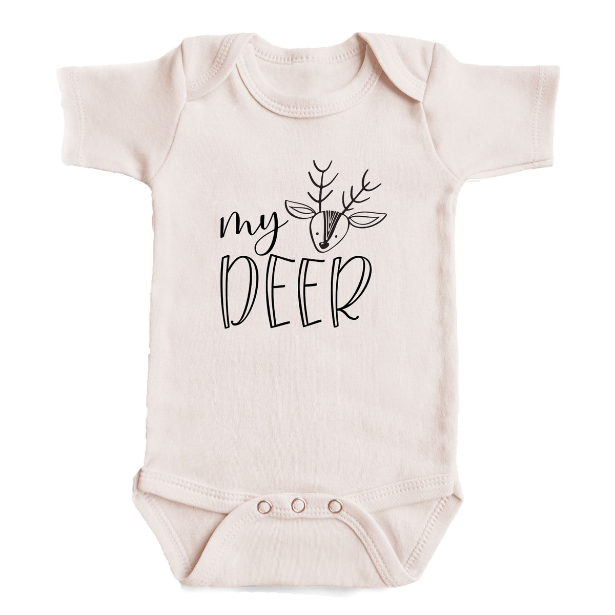 A baby onesie with the text "my deer" printed on it.